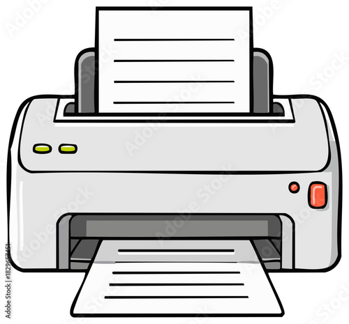 Cartoon illustration of a gray office printer machine printing a paper document
