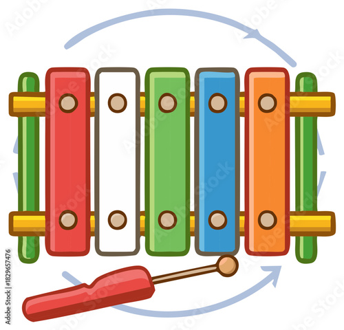 Vibrant Xylophone Toy with Mallet Set against Arrows Illustrating Sound Waves for Playful Musical Education