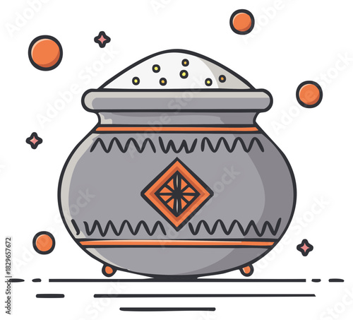 Stylized traditional pot overflowing with sweet grains, adorned with cultural patterns and festive accents