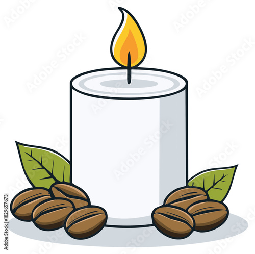 Aromatic coffee scented candle burning with roasted beans and leaves vector illustration