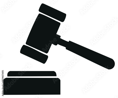 Black silhouette of a judge gavel hitting sound block representing law justice and authority
