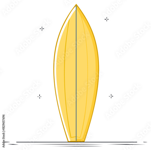 Bright yellow surfboard standing upright with stylized comic book effect dots and lines