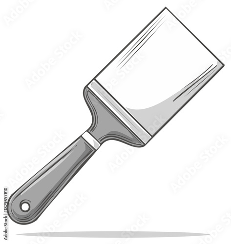Illustration of a broad painter's brush with a grey handle and metal ferrule