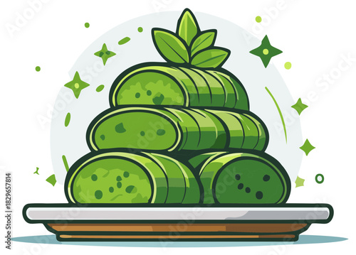 Stacked sweet green matcha mochi rolls with vibrant mint leaves on plate