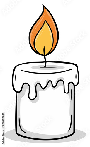 Cartoon style candle with a melting wax top and a bright flickering flame illuminates the surrounding space.