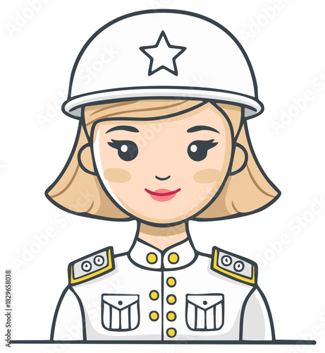 Cute cartoon illustration of a female soldier in a white uniform and helmet with a star