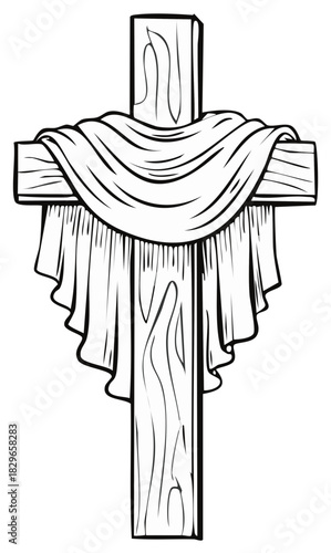 Symbolic Wood Cross Covered with Draped Cloth Line Art Isolated on White