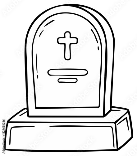 Cartoon gravestone with a cross symbol, black and white doodle for Halloween or memorial themes