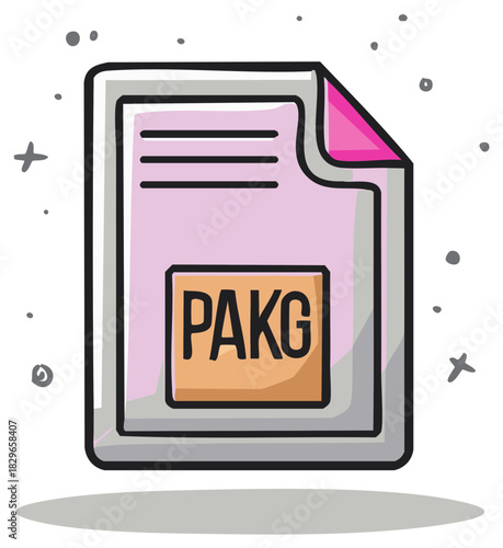 Hand drawn PAKG package file icon in a cute cartoon doodle style for software installation or data archive