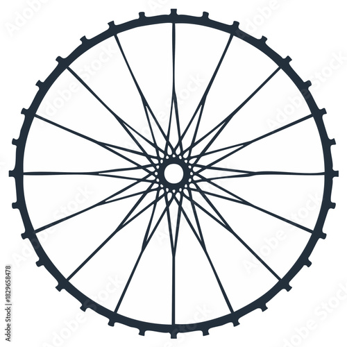 Dark Stylized Bicycle Wheel Outline with Gear-like Rim and Radial Spokes Icon