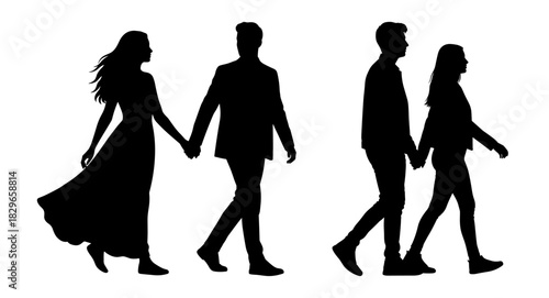 Silhouettes of couples walking while holding hands