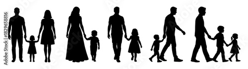 Set of family silhouettes with parents and children holding hands
