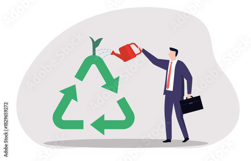 A businessman watering a plant sprouting from a recycling symbol, representing the nurturing and growth of sustainable business practices or environmental initiatives.