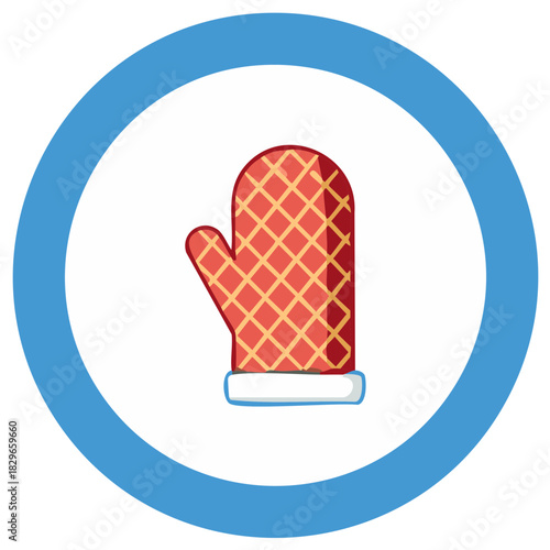 Isolated Red Oven Mitten with Square Pattern Inside Circle, Single Kitchen Glove Illustration