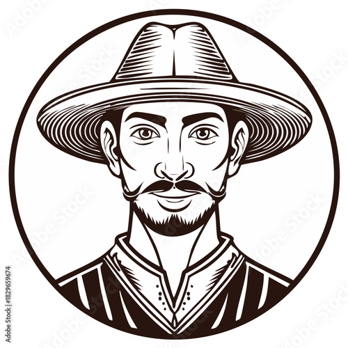Line art portrait of a man wearing a wide brim hat and a striped poncho inside a circle frame.