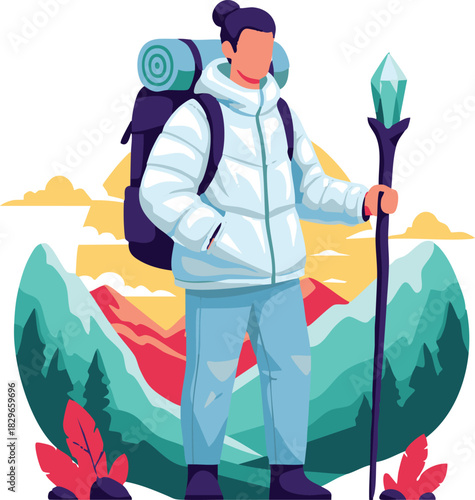 Fantasy adventurer with magic staff on mountain hike. Vector illustration of a character on a winter trekking quest.