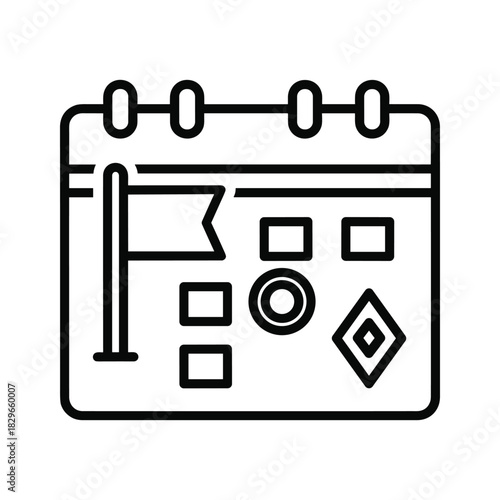 Simple line icon of a calendar with a flag and various planning symbols for scheduling and event management isolated on
