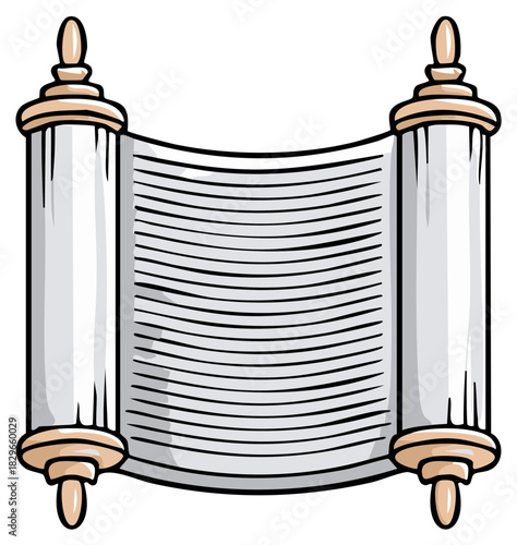 Ancient manuscript scroll with unrolled parchment and text lines illustration