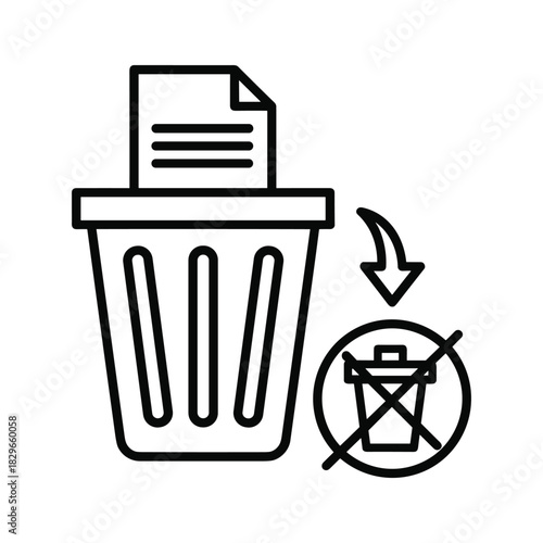 Black and white line icon representing document shredding or secure paper disposal with a prohibition symbol nearby