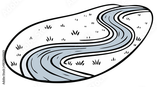 Stylized illustration of a winding river flowing through a grassy meadow