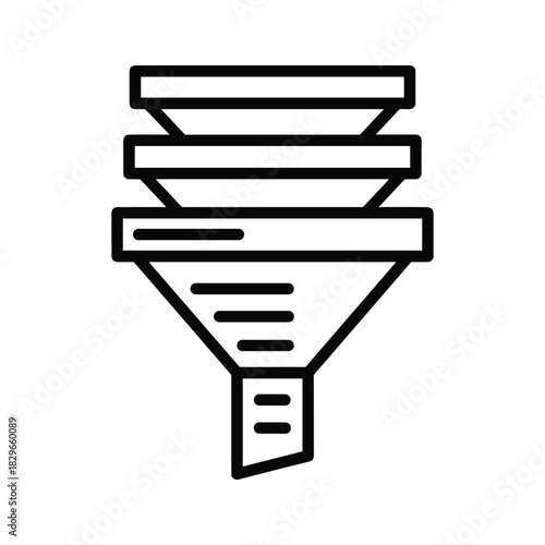 Simple black and white line icon representing a multistage funnel for filtering or processing data, isolated on