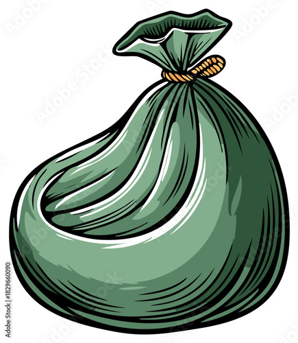 Full green garbage bag tied with rope cartoon vector illustration