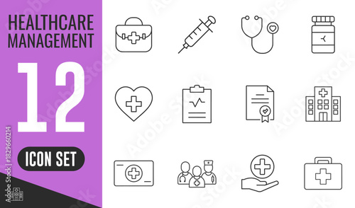 Healthcare Management line icons set. Vector illustration in modern thin line style of medicine related icons certification, control, medical provider, plus, heart, doctor, nurse, medicine