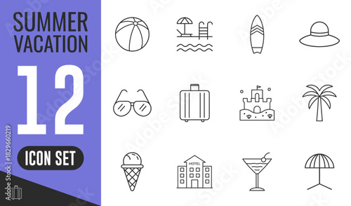 Summer Vacation icons set. Vector illustration in modern thin line style of travel related icons: sea, surfing, beach, hotel, hat, ice cream, sunglass