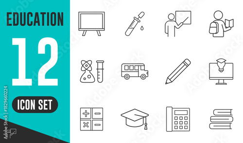 Education line icons set. Vector illustration in modern thin line style of school icons, school subjects, supplies, science, and online learning, teacher, book, student