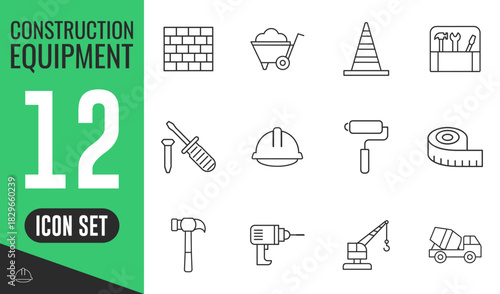 Construction Equipment and Materials line icons set. Vector illustration in modern thin line style of construction related icons, hand, electric, machine tools, hummer, truck