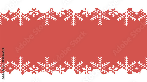 A red background with white snowflakes arranged in borders at the top and bottom of the image area