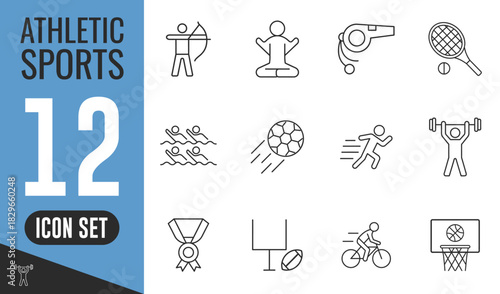 Athletic Sports line icons set. Vector illustration in modern thin line style of summer sports activities related icons, gym exercises, football, swimming, gymnastics, yoga