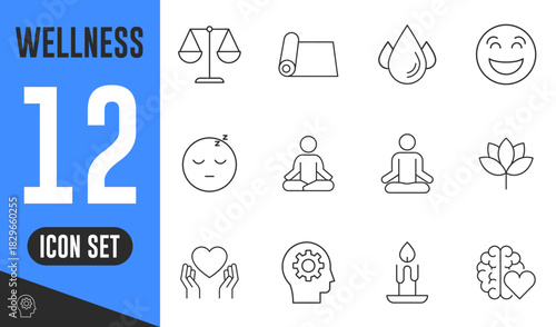 Wellness line icons set. Vector illustration in thin line modern style of remotely mental health related icons, work-life balance, self-love, meditation, yoga, happy, love