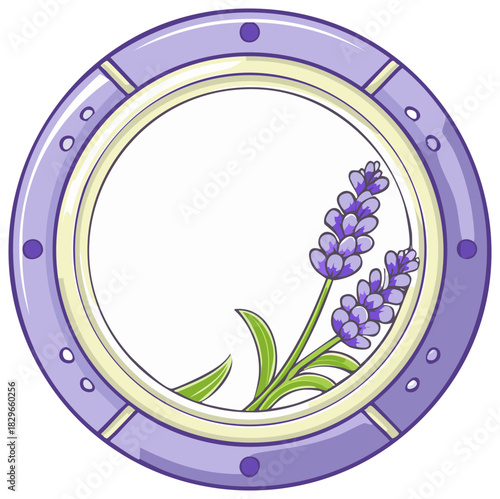 Decorative lavender sprig illustration inside a circular purple porthole frame