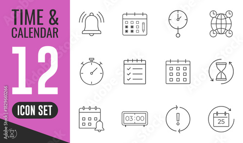 Time and Calendar line icons set. Vector illustration in modern thin line style of time management related icons, clock, stopwatch, timer, schedule, date