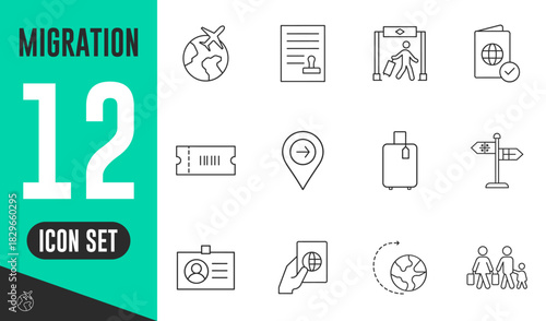 Migration and Global travel icons set. passport, visa, airplane, luggage, and destination symbols. Vector