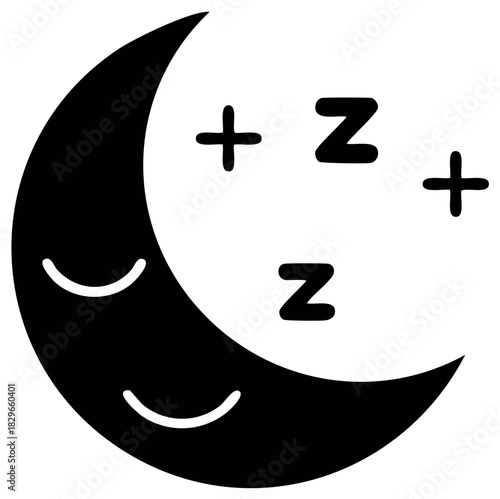 Simple black icon of a sleepy moon with Zs depicting rest and sweet dreams