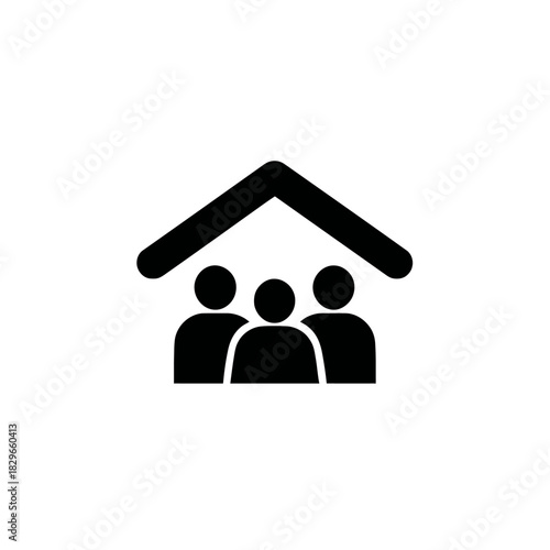 Family home icon, community group symbol, people under a roof, housing, shelter, togetherness, residential protection graphic.