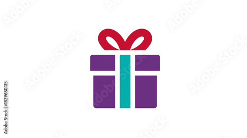 Vibrant purple gift box illustration with a red bow and teal ribbon, symbolizing presents, celebration, and generosity