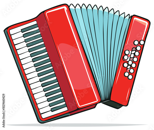 Vibrant red accordion musical instrument with keyboard and buttons for folk music illustration