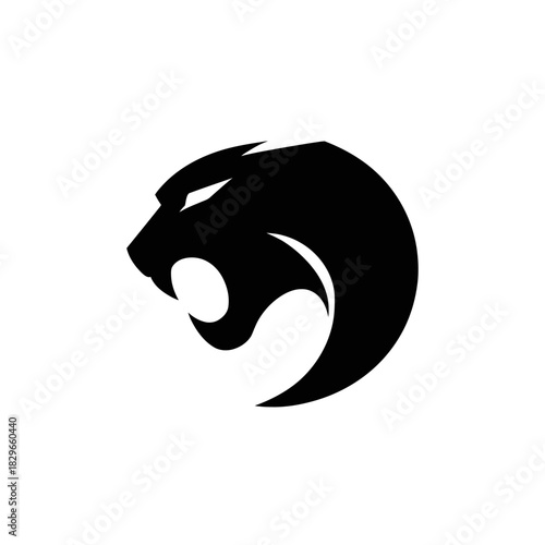 Fierce black panther head silhouette icon, stylized wild cat mascot logo design, powerful predatory animal graphic