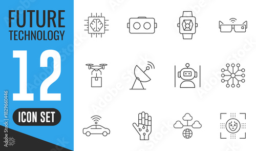 Future Technology line icons set. Vector illustration in modern thin line style of innovations related icons, robotics, artificial intelligence, bionics, ai robot, future technology, vr