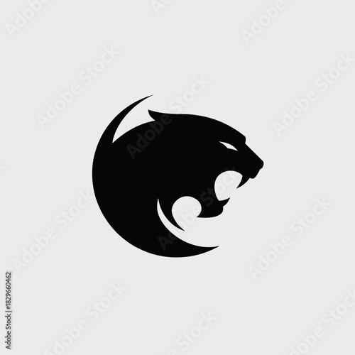 Aggressive black big cat head logo design. Roaring panther or jaguar silhouette icon on a light background, symbolizing strength and power.