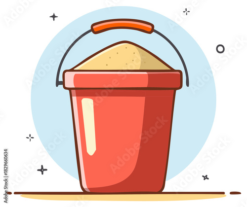 Cartoon-style bucket filled with sand, a perfect element for illustrations and beach-themed designs in summer vacations.