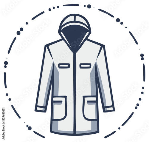 Stylized illustration of a white hooded coat with pockets and a circular dotted border