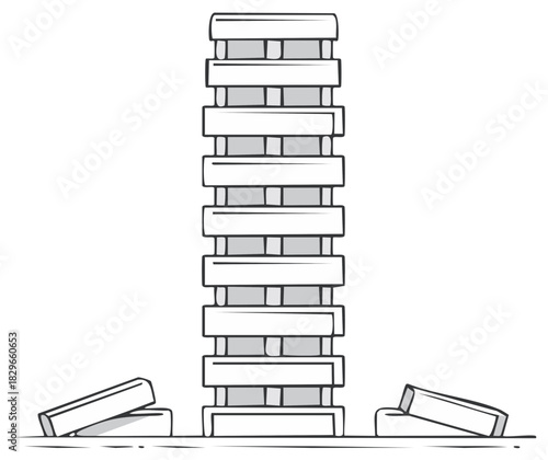 Wobbly Tower Wooden Blocks Building Up Risk Tumble Challenge Game, Concept of Business Failure and Strategy Cartoon Style Vector Illustration
