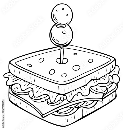 Delicious Sandwich Cartoon Line Art with Skewer and Olive Topping Illustration for Stock
