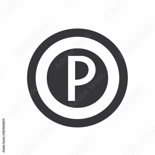Black and white parking sign icon. Simple graphic symbol with letter P in a circle for car park, road sign, or mobile app design.