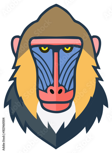 Vector illustration of a mandrill monkey head. Colorful primate face icon for a wildlife mascot or logo.