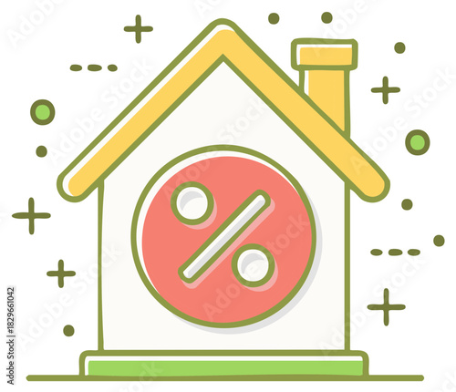 Stylized illustration of a house with a prominent percentage symbol representing real estate finance and investment
